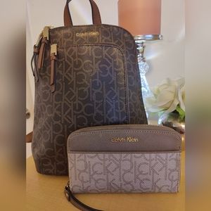✨Set of 2 CK Calvin Klein Small Gold & Brown Backpack Purse and Wallet